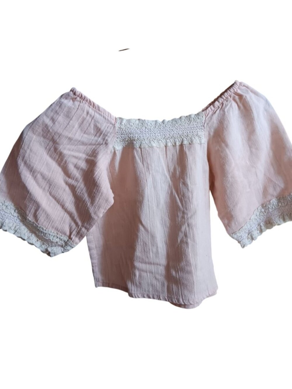 True Vintage Pink Peasant Blouse Girls 7 Lace Puff Sleeves Off-Shoulder Boho 70s